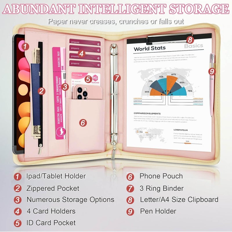 IYGHV Faux Leather Portfolio Binder with Handle & Clipboard, Zippered Padfolio Folder Organizer 3 Ring Binder for Document, Business Card Holder, Professional Portfolio Notebook for Men & Women (Rose Gold) - Image 2